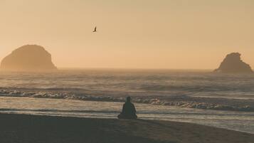 A beach scene with a person sitting on the sand, waves approaching, and two large rock formations in the distance.