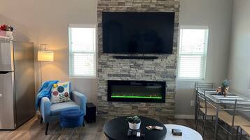 Smart TV, fireplace, books