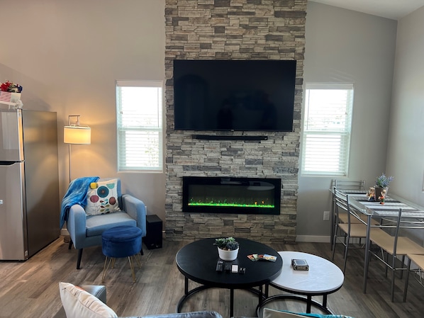 Smart TV, fireplace, books