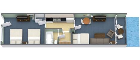 A floor plan of a hotel room with a kitchen, two bedrooms, a bathroom, and a balcony with a view of the sea.