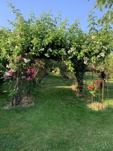 Maison dans un jardin paysager calme et ressourçant.