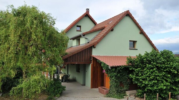 A two-story house with a green facade and a red-tiled roof. - Bright and quiet cottage with terrace, barbecue, and parking 5 km from Colmar (Houssen)
