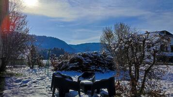 Et snødekt udendørsområde med en stol og et bord, omgivet af sneklædte træer og et bjerg i baggrunden.
