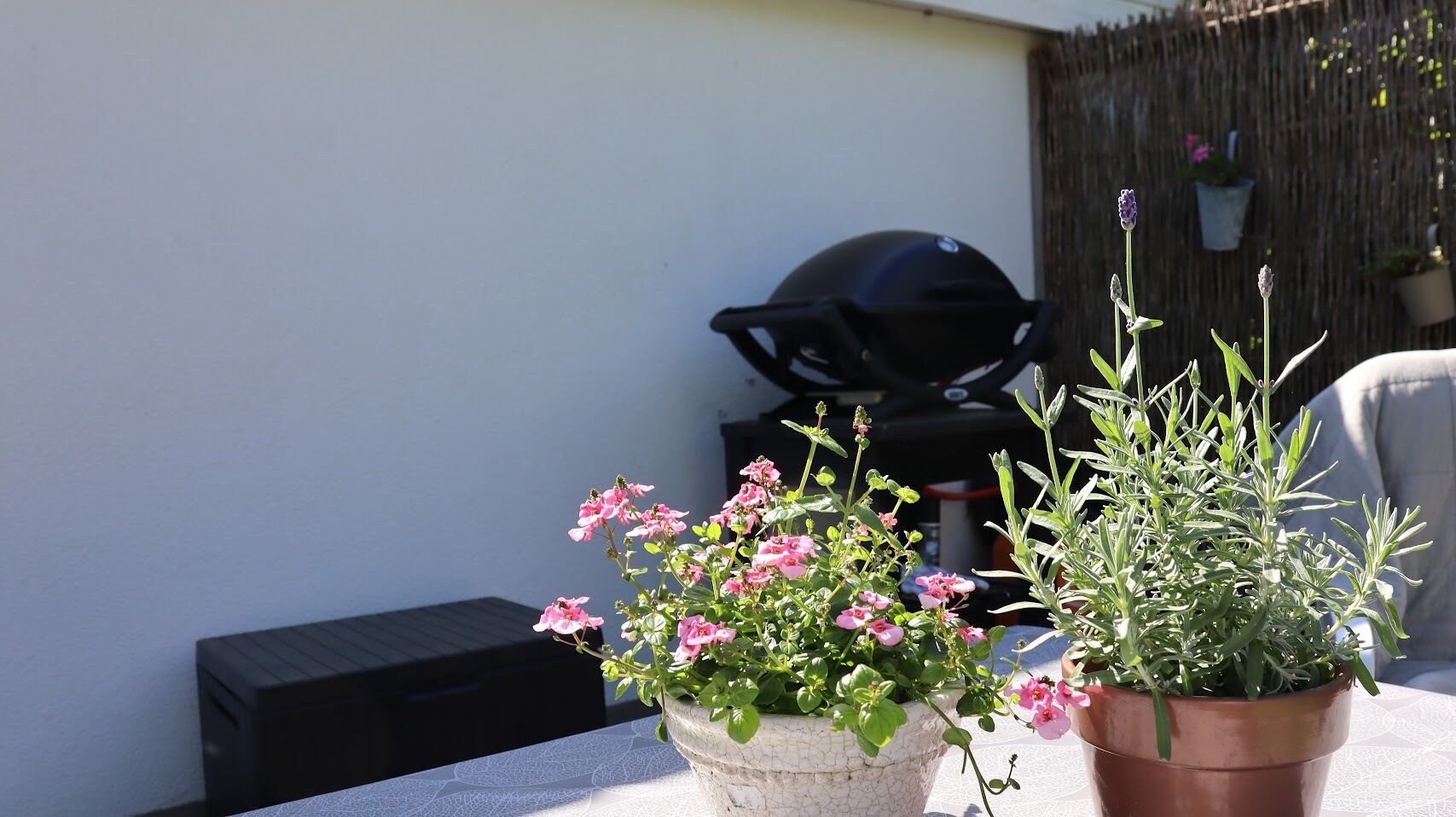 A patio area with a table, two potted plants, a motorcycle, and a fence.