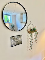Un espejo redondo, una fotografía enmarcada y una planta colgante en la pared.
