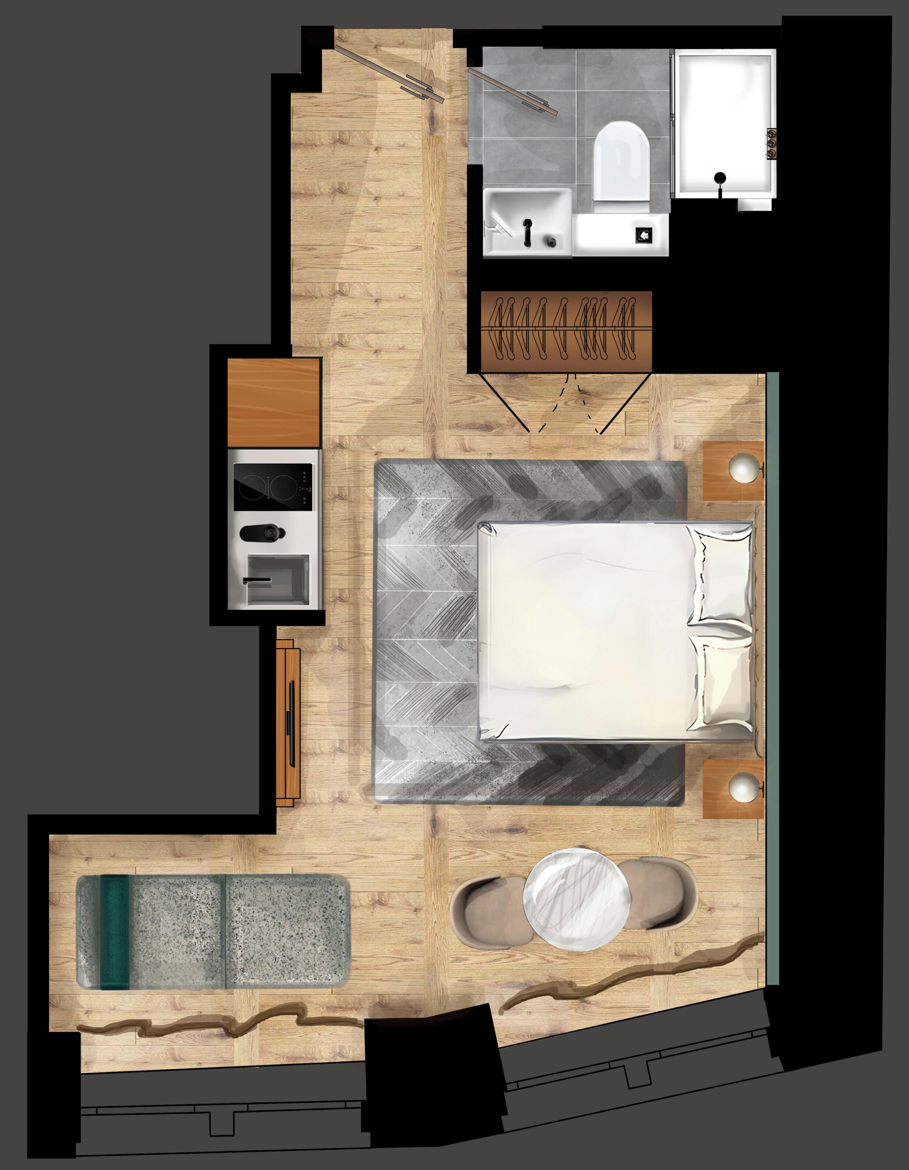 A hotel room layout with a bed, bathroom, seating area, and a small kitchenette.