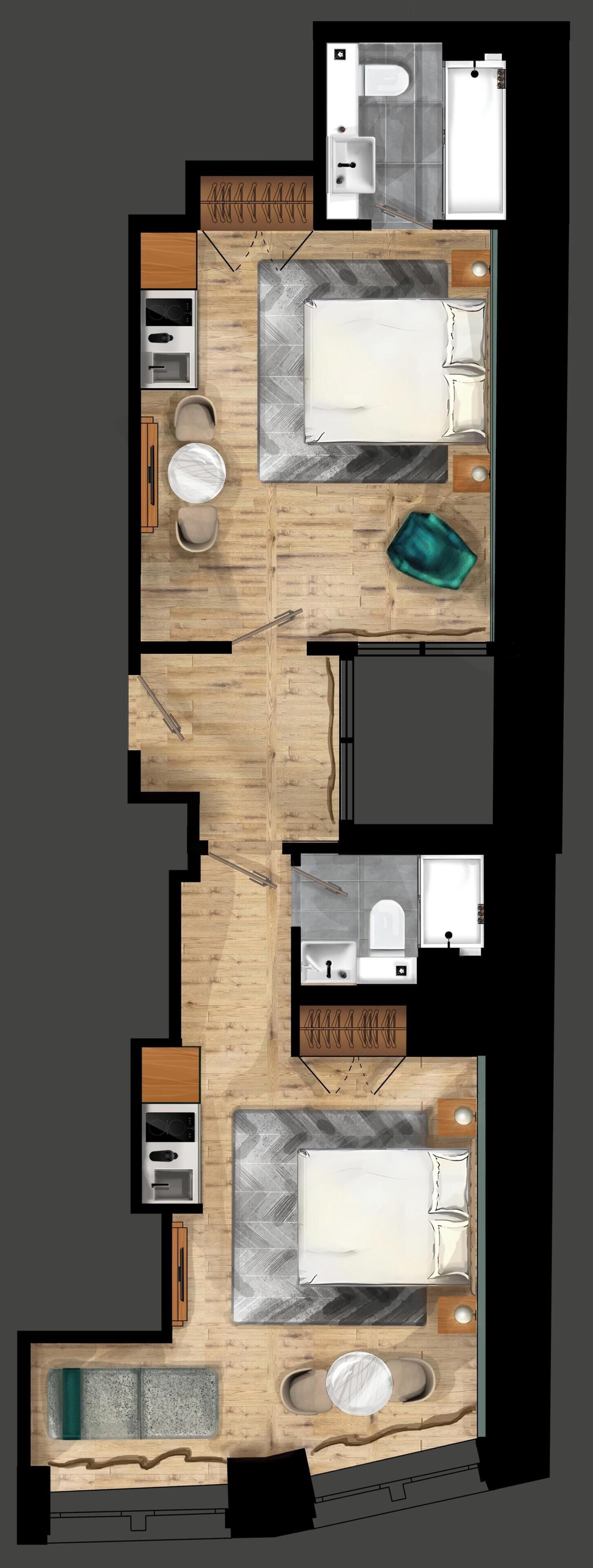 A hotel room layout with a bed, a bathroom, a kitchenette, and a seating area.