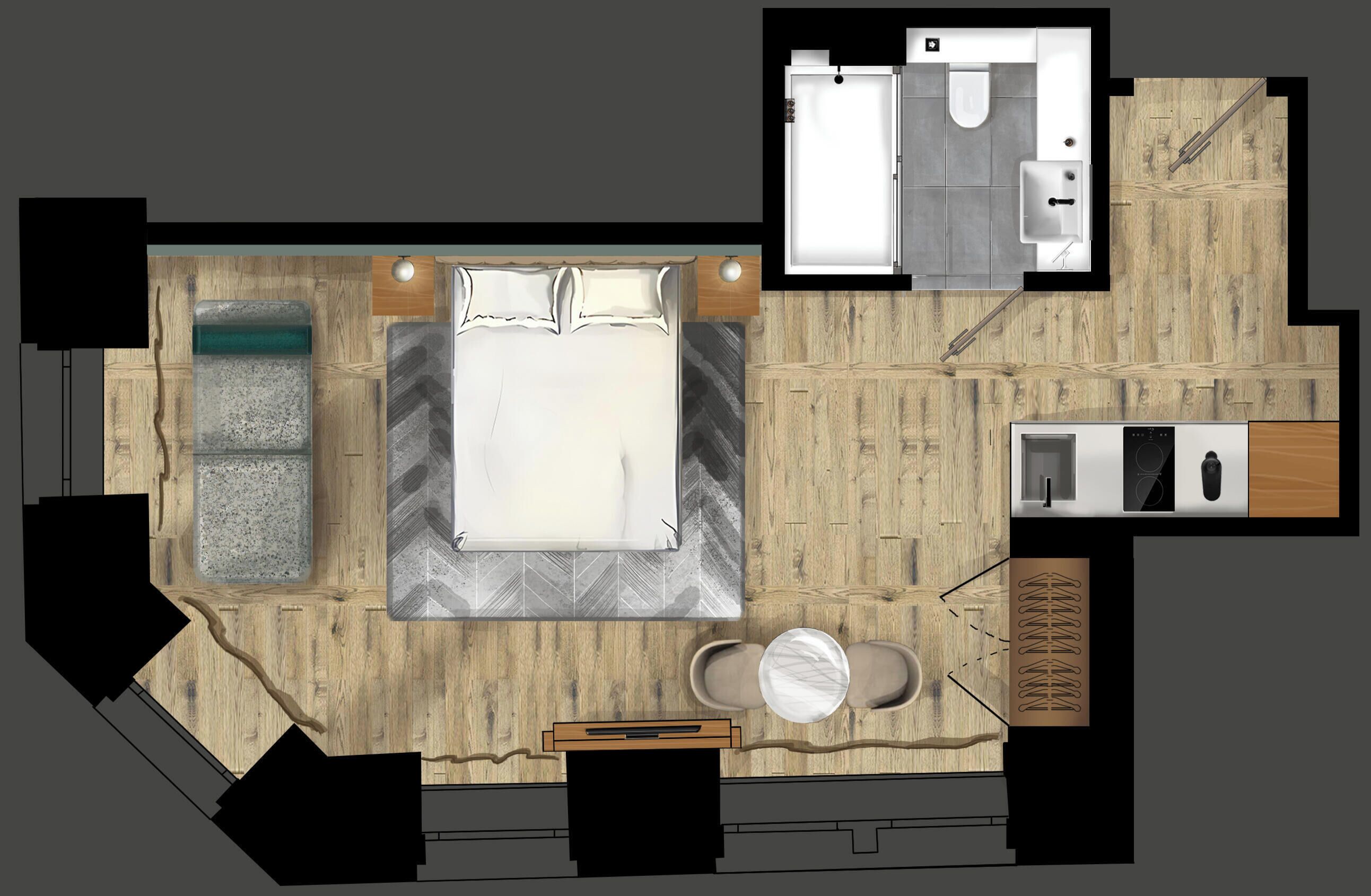 A hotel room layout with a bed, seating area, bathroom, and kitchenette.