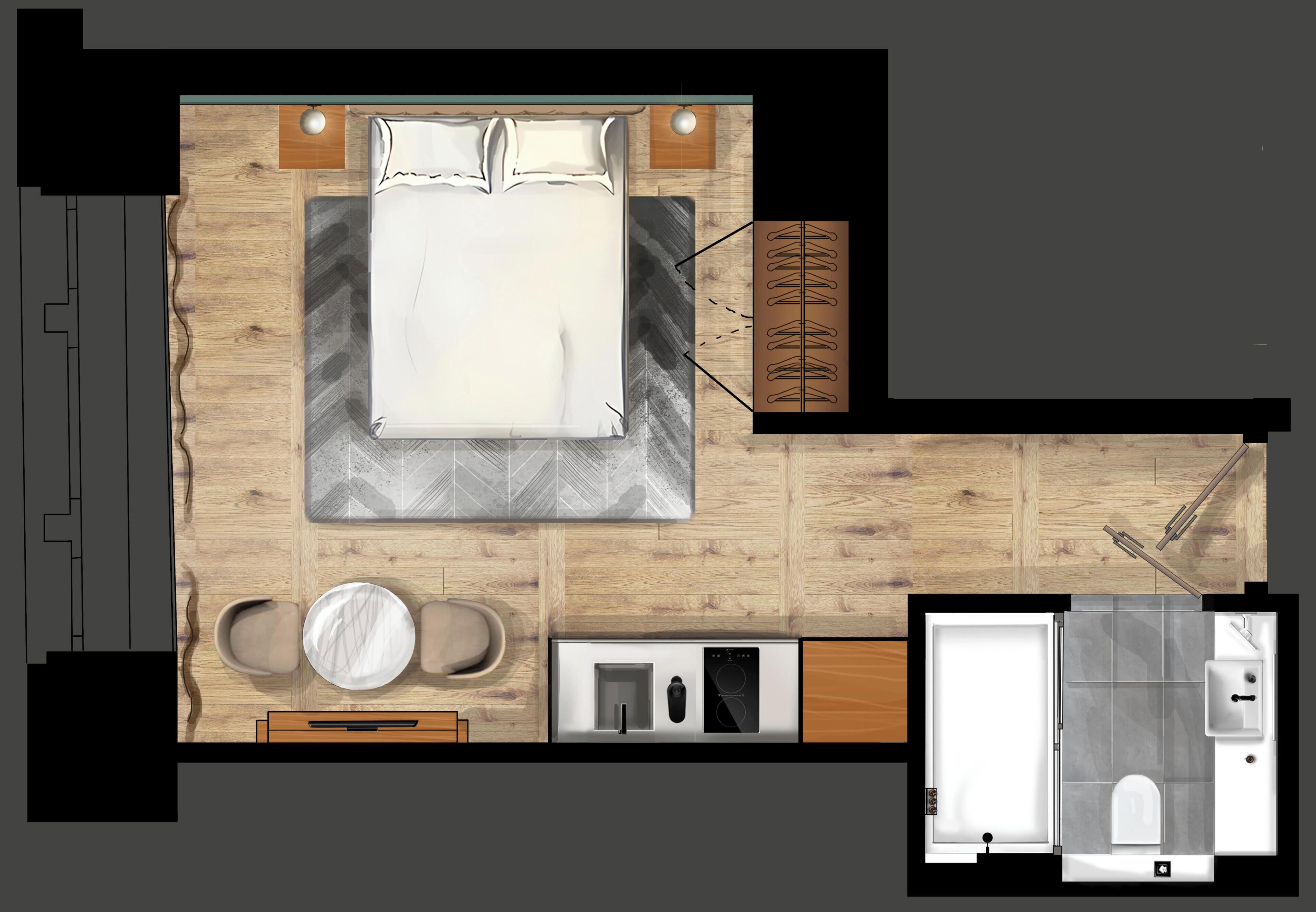 A hotel room layout with a bed, seating area, kitchenette, and bathroom.