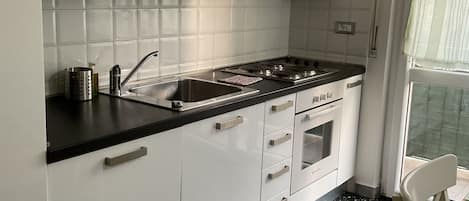 Full-size fridge, oven, stovetop, dishwasher