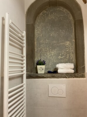 Dusch, hårtork, handdukar och tvål