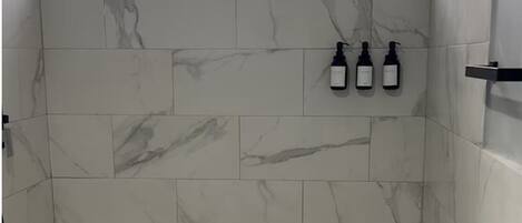 Shower, towels, soap, shampoo