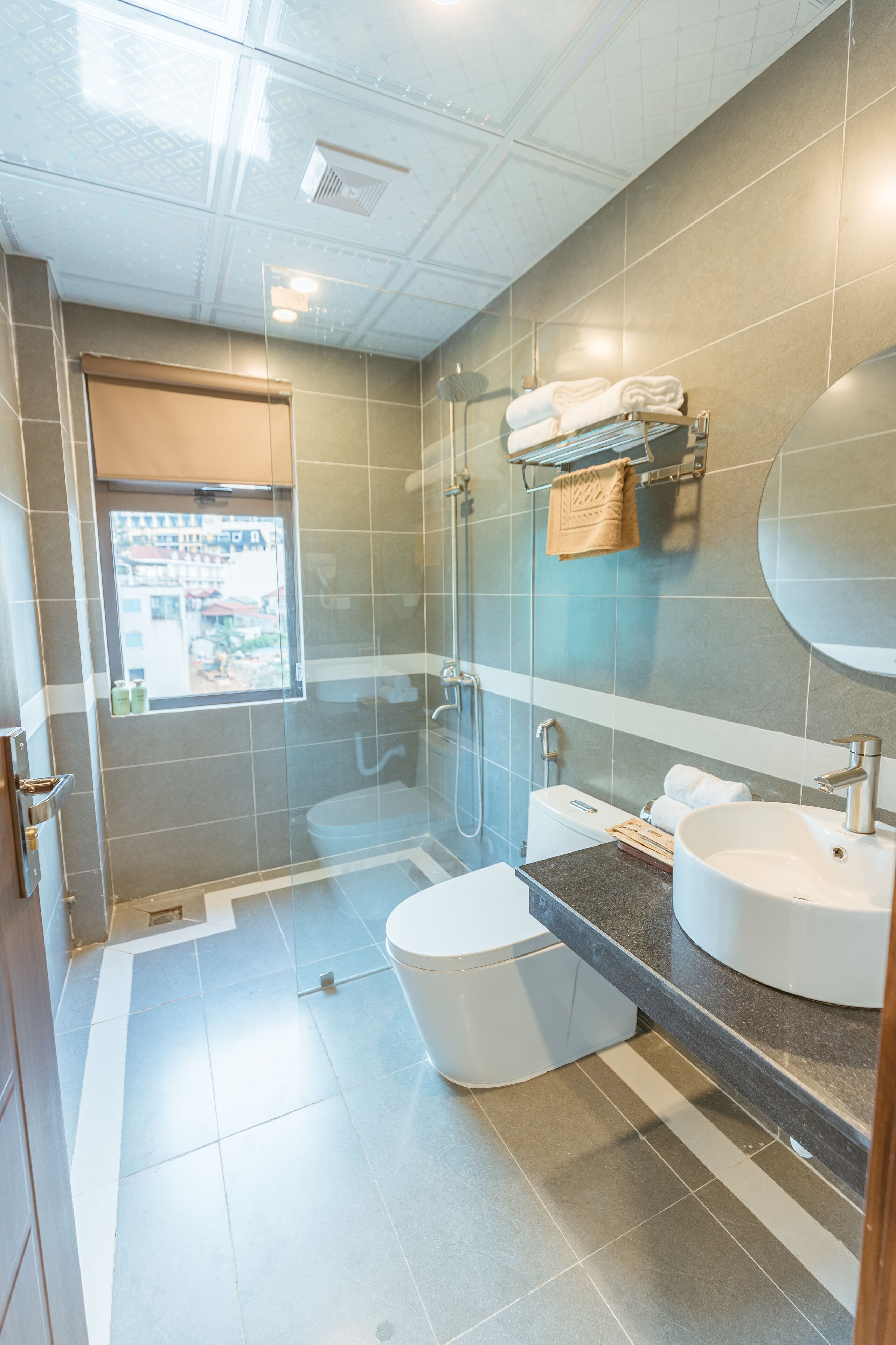 A modern bathroom with a glass-enclosed shower, a toilet, and a sink with a mirror above it.