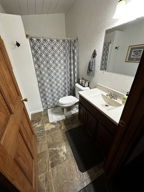 Shower, hair dryer, towels, toilet paper