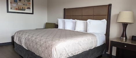 Une chambre d’hôtel avec un grand lit, une tête de lit, une table de chevet avec une lampe et un tableau encadré au mur.