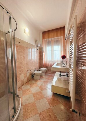 Shower, hair dryer, bidet, toilet paper
