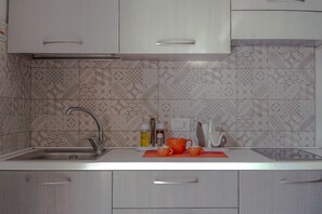 Kühlschrank, Mikrowelle, Herdplatte, Wasserkocher mit Kaffee-/Teezubehör