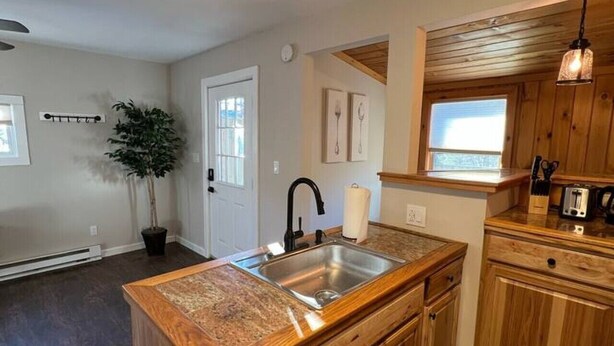 A kitchen with wooden cabinets, a stainless steel sink, and a potted plant. - Walk to Beach - Pet friendly Cabin w/ Workspace (Lake George)