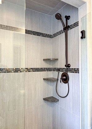 Hair dryer, towels, soap, shampoo