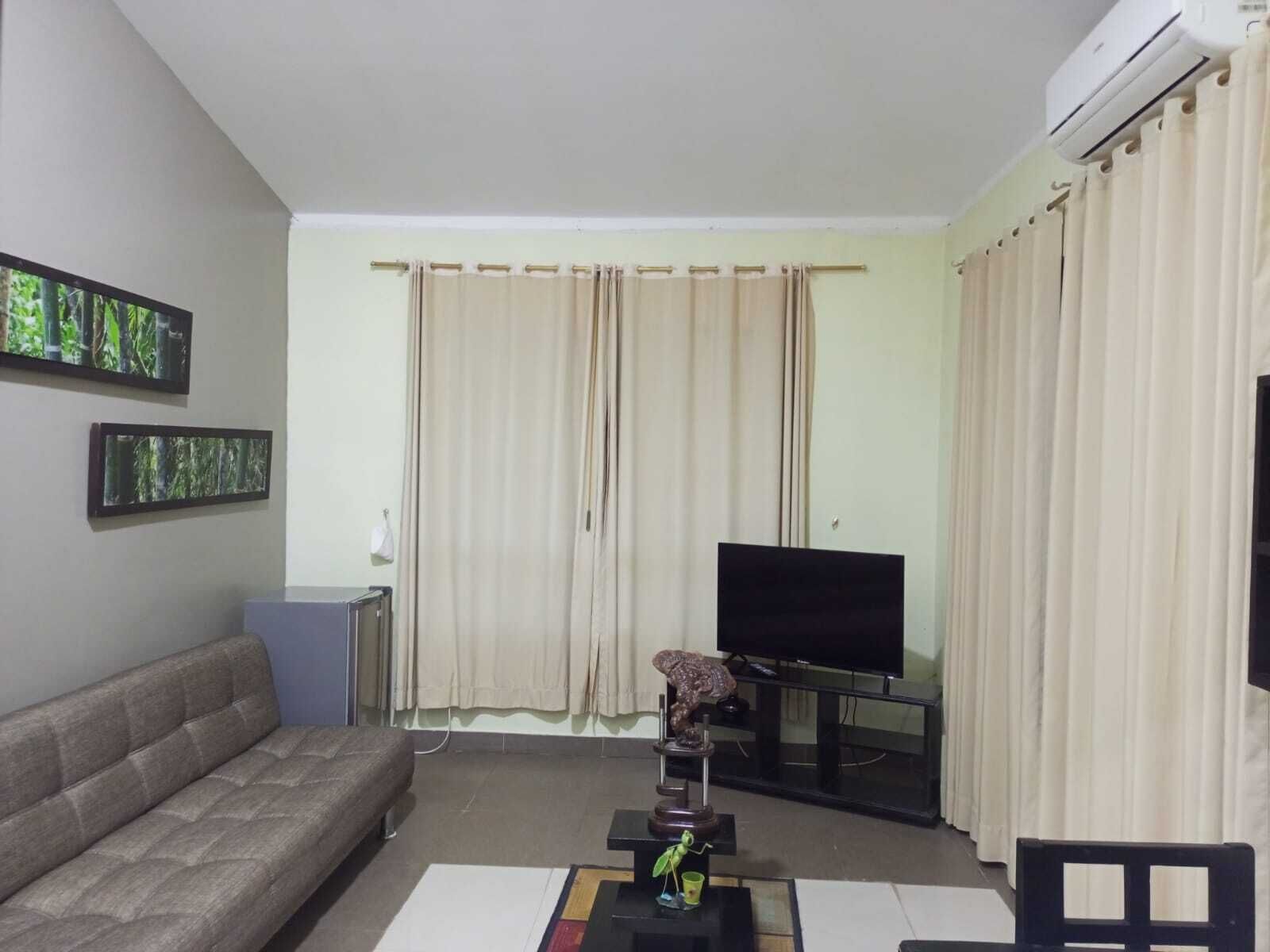 A living room with a sofa, a flat-screen TV, and a decorative sculpture on a stand.