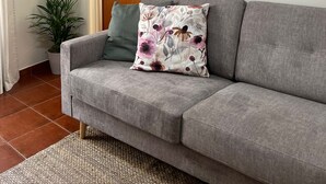 A grey sofa with floral cushions, a framed picture of a coastal scene, a wooden door, and a potted plant. - Nazaré Corner House -1 mim from the beach (Nazaré)