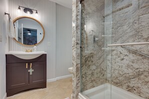 Shower, towels, toilet paper