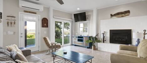 Smart TV, fireplace, books