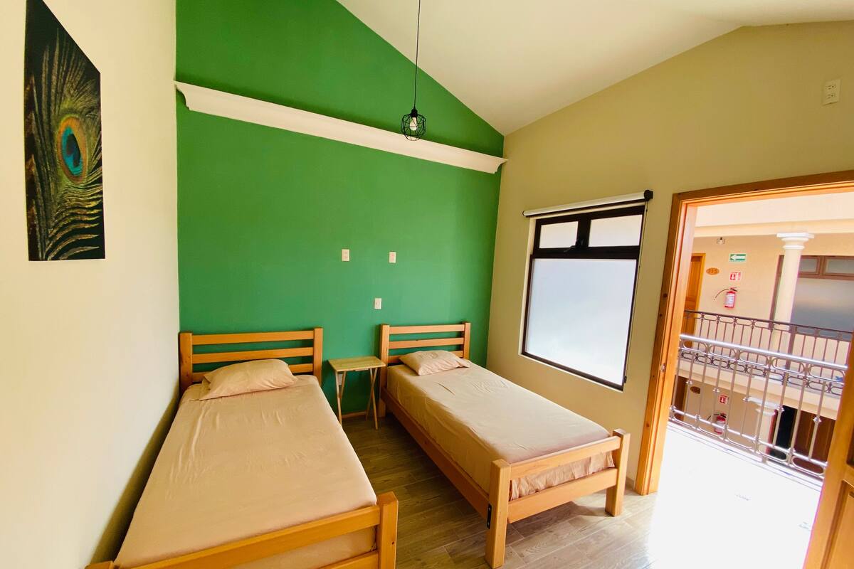 Une pièce avec deux lits en bois, un mur vert, une fenêtre et une porte donnant sur un balcon extérieur.