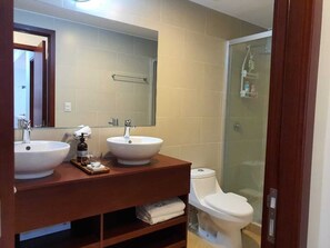 Dusche, Haartrockner, Handtücher, Seife