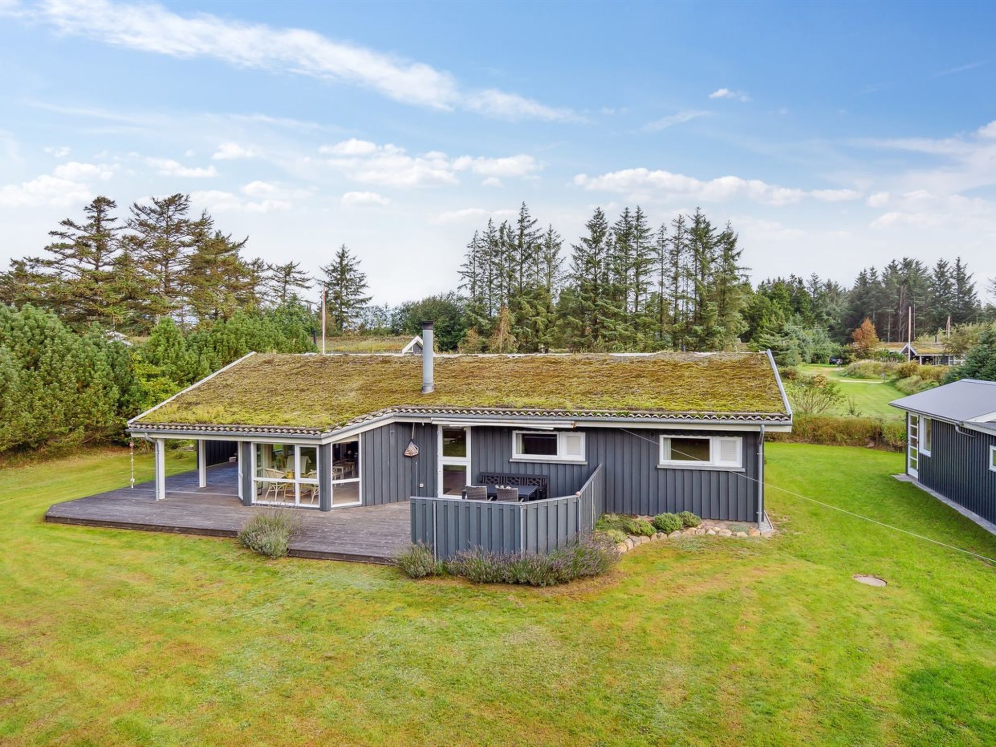 Une maison moderne dotée d’un toit végétalisé, d’un porche abrité et d’une pelouse bien entretenue.