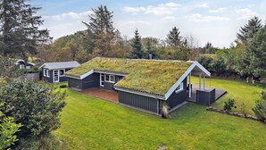 Een modern, milieuvriendelijk huis met een groen dak, omringd door weelderige begroeiing en bomen.