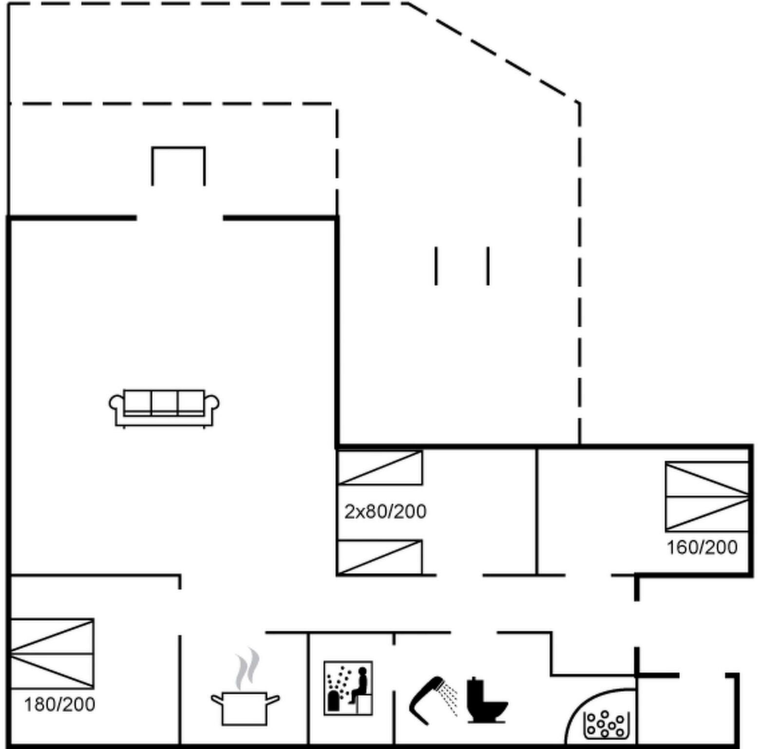 Een plattegrond met een woonkamer, keuken en twee badkamers.
