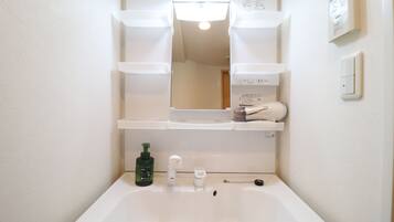 Hair dryer, towels, soap, shampoo
