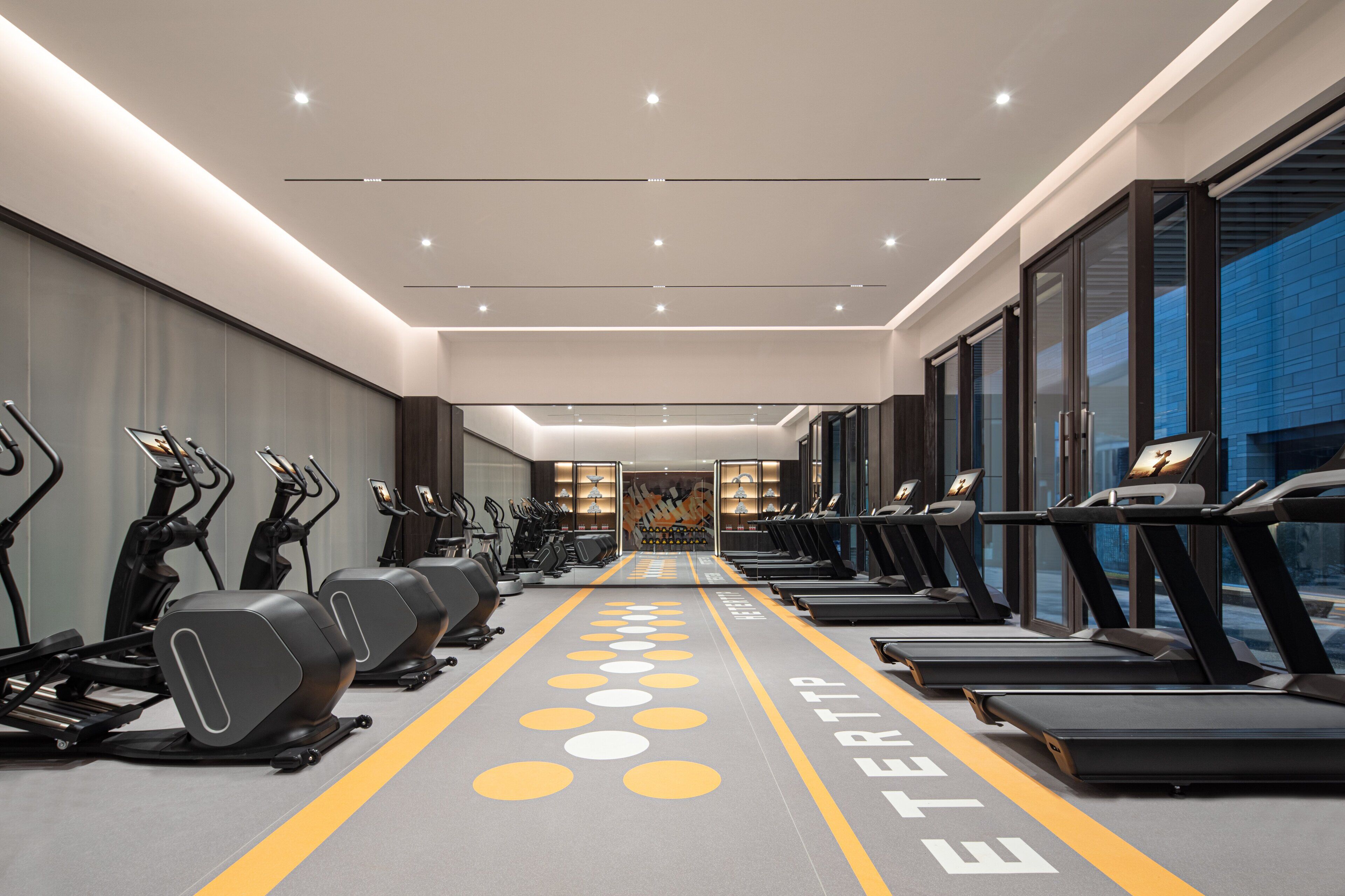 Un gimnasio con cintas de correr y elípticas dispuestas en filas.