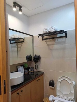 Regadera, secadora de cabello, bidet, toallas