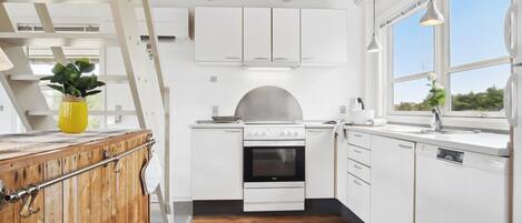 Fridge, microwave, dishwasher, cookware/dishes/utensils