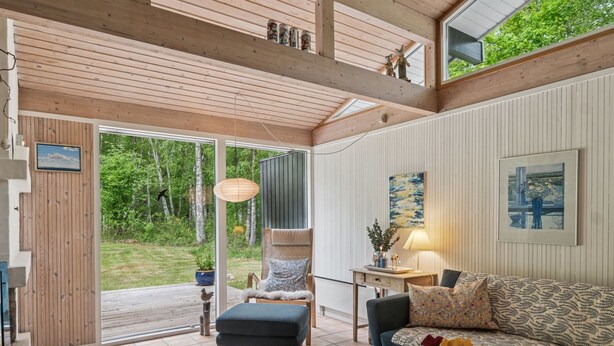 A modern living room with a wooden ceiling, a sofa, a chair, a table, and a view of the outdoors. - "Judyta" - 250m to the fjord by Interhome (Nykøbing Sj)