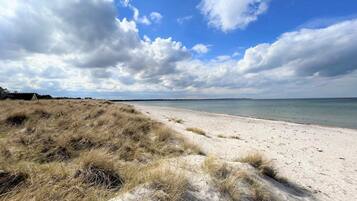 Une plage avec des dunes de sable et un ciel dégagé.