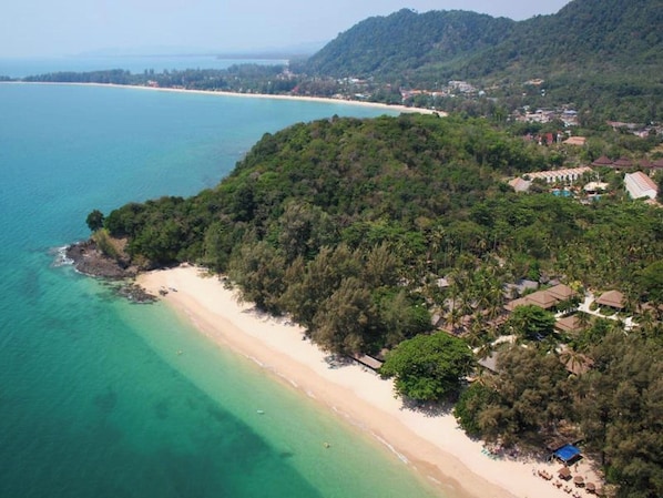 An aerial view of a coastal area with a beach, dense forest, and residential buildings.