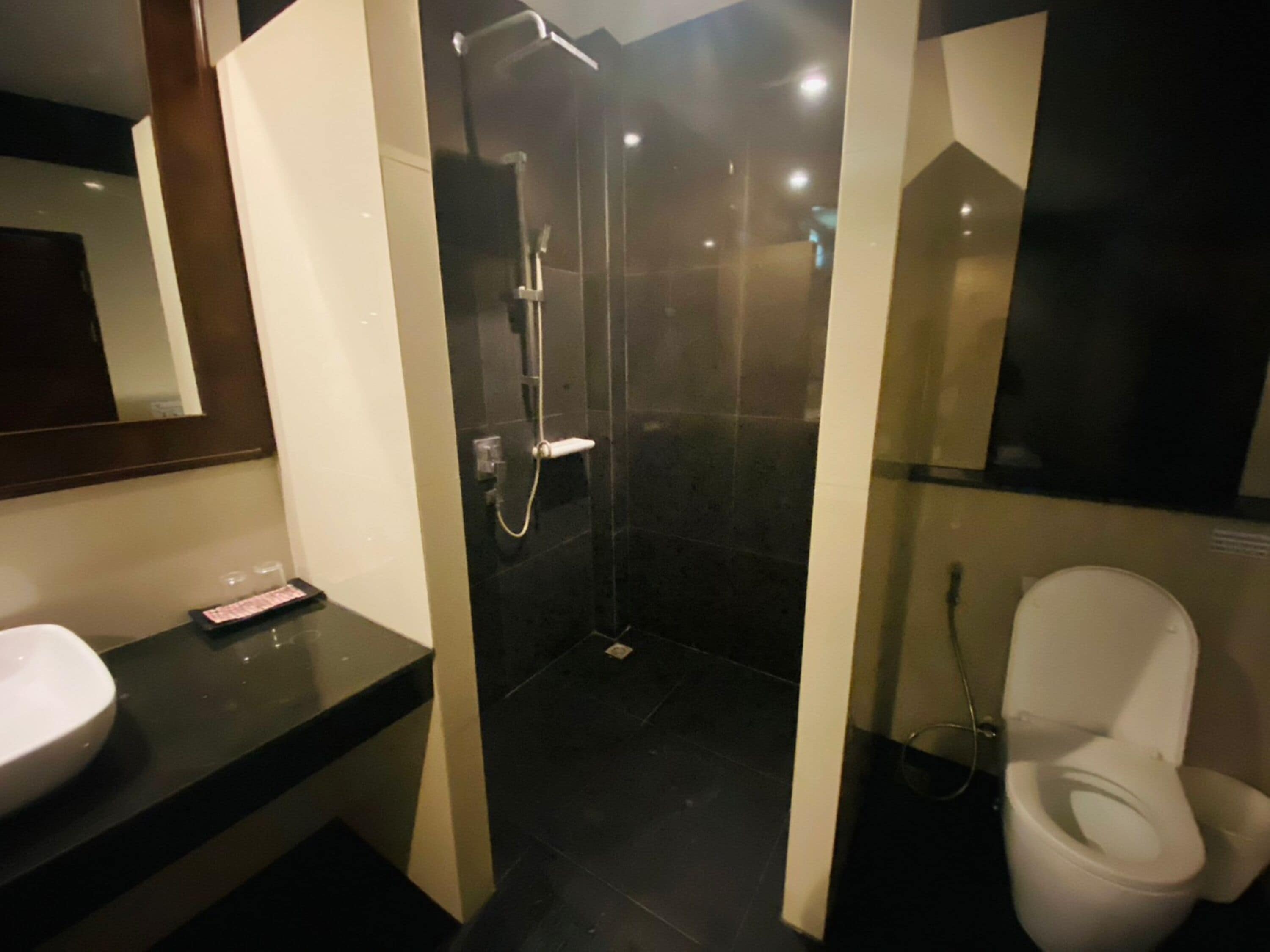 Et moderne badeværelse med en glasbrusekabine, et hvidt toilet og en vask med sort bordplade.