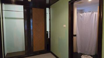 A hallway with a glass door, a wooden panel, and a white curtain in a bathroom.