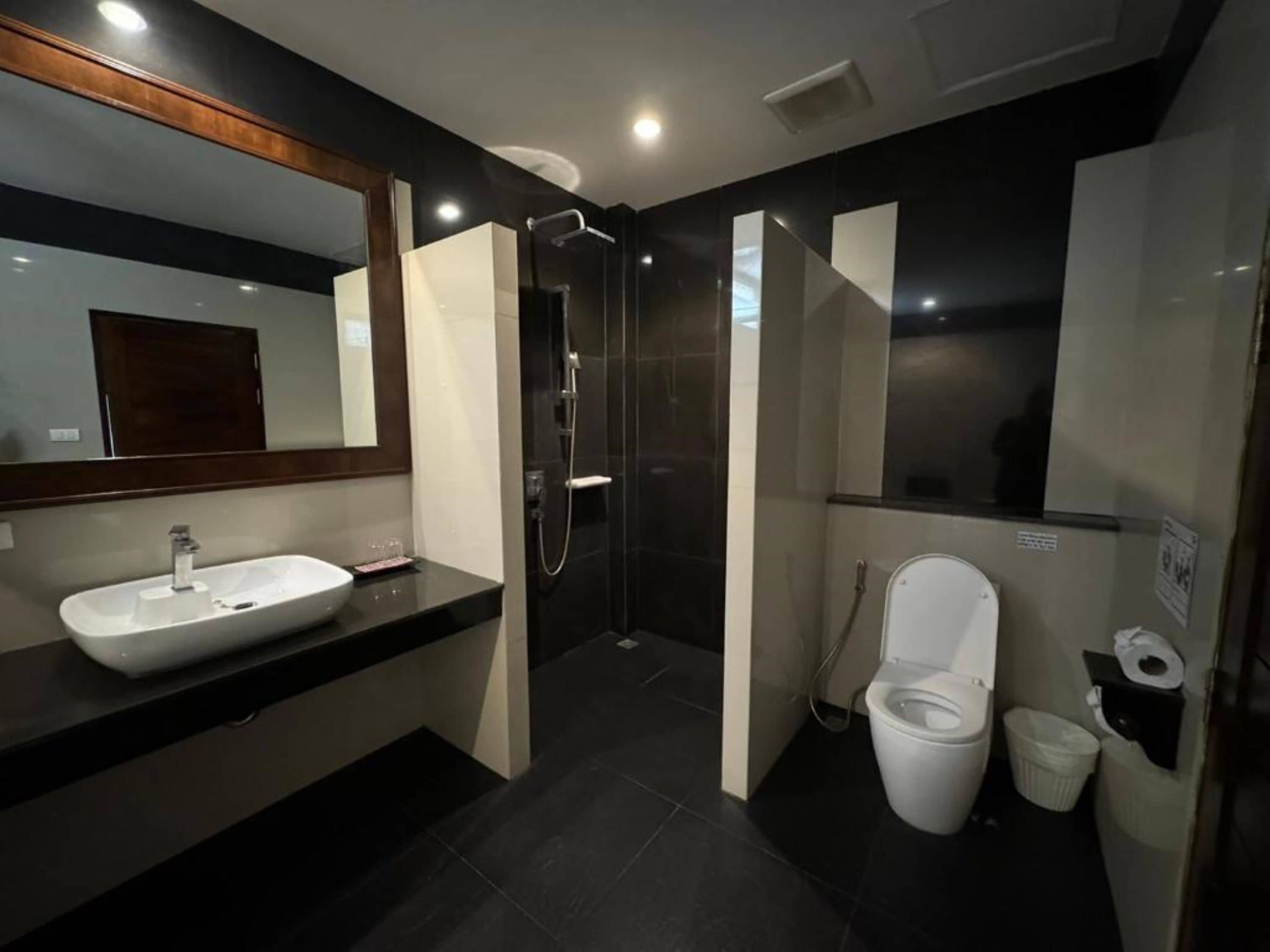 A modern bathroom with a large mirror, a sink, a shower, and a toilet.