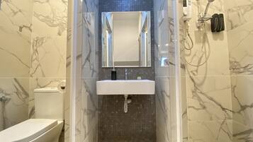 Shower, free toiletries, hair dryer, bidet