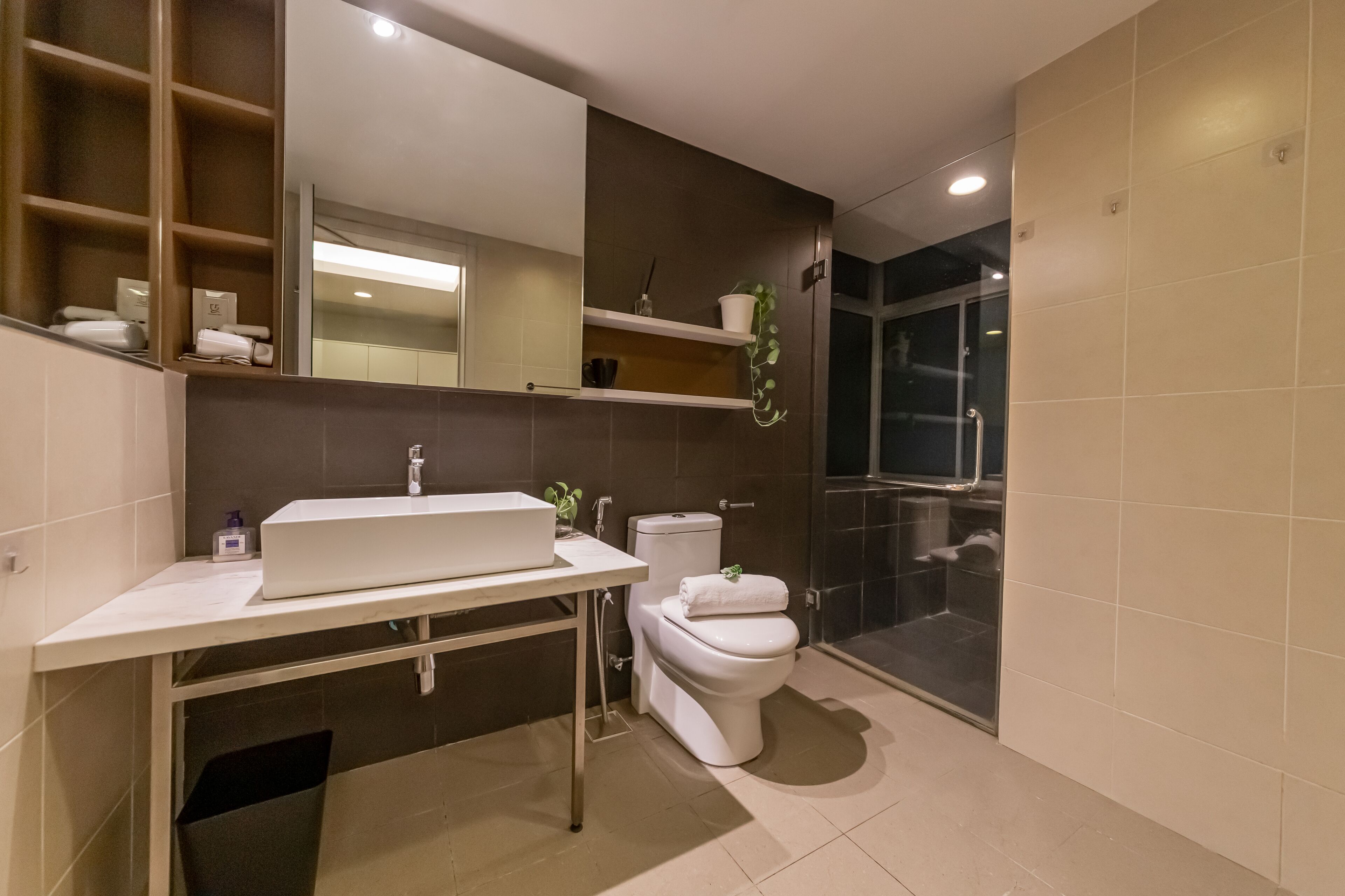 Shower, hair dryer, bidet, towels