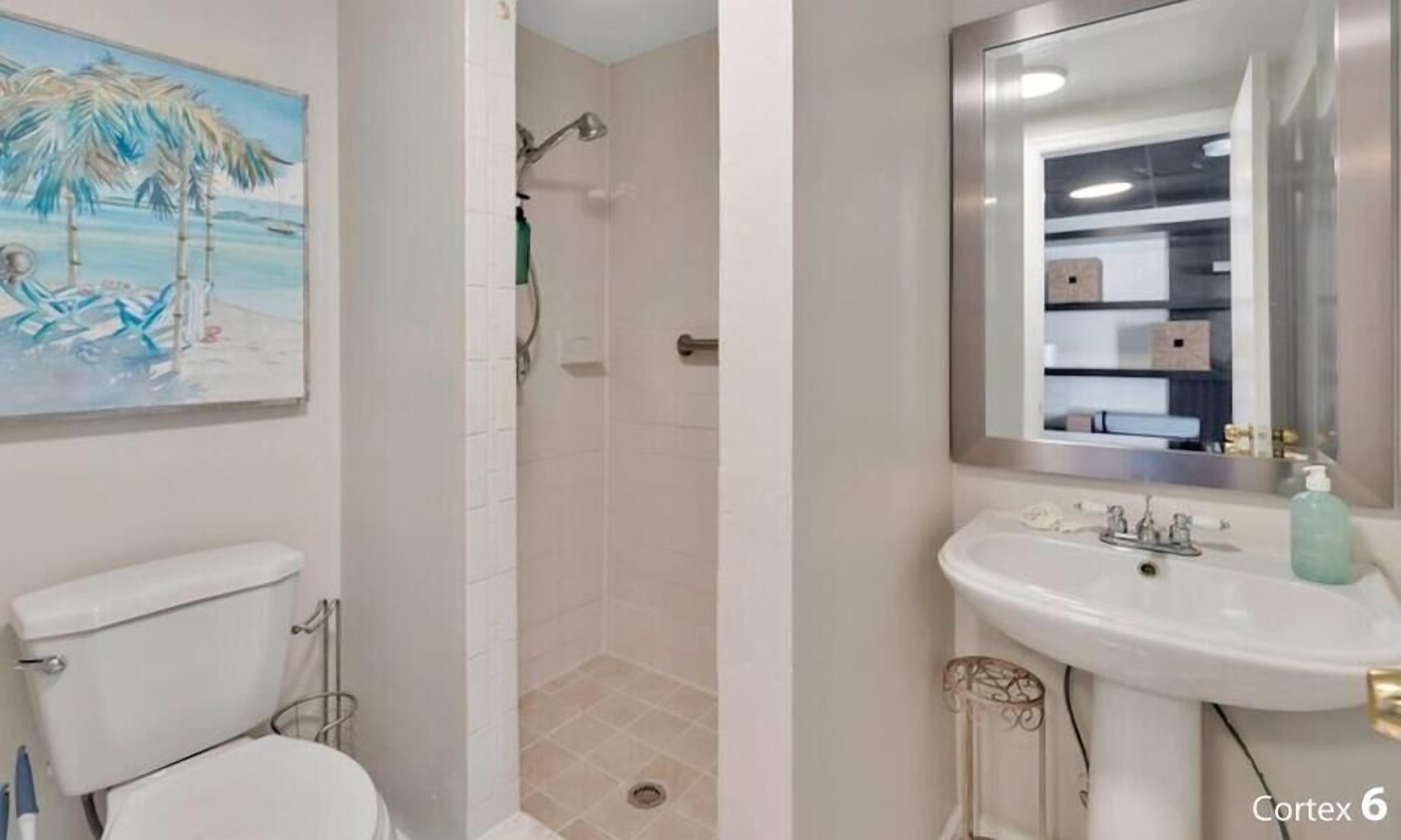 Ein Badezimmer mit Toilette, Dusche und Waschbecken mit Spiegel.