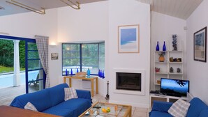 Un salon avec un canapé bleu, une table basse en verre, une cheminée et un téléviseur.