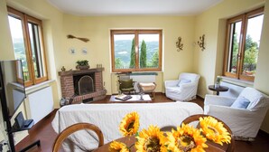Un salon chaleureux avec une cheminée, des fauteuils confortables, une table à manger décorée de tournesols et une vue sur la campagne.
