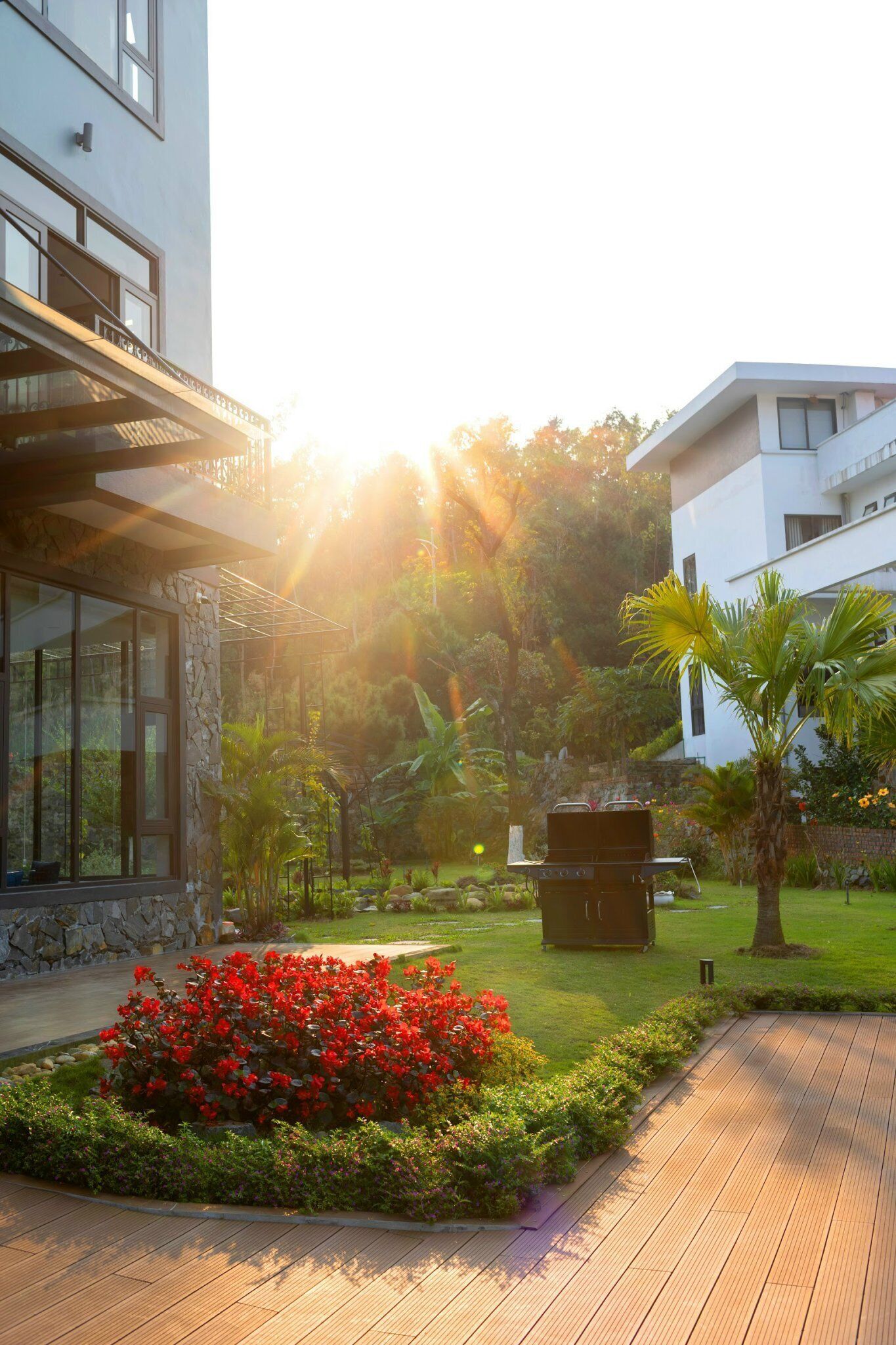 A modern building with a stone facade, a wooden deck, and a garden with red flowers.