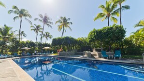 Une piscine à l’eau d’un bleu cristallin, entourée de chaises longues et de palmiers.