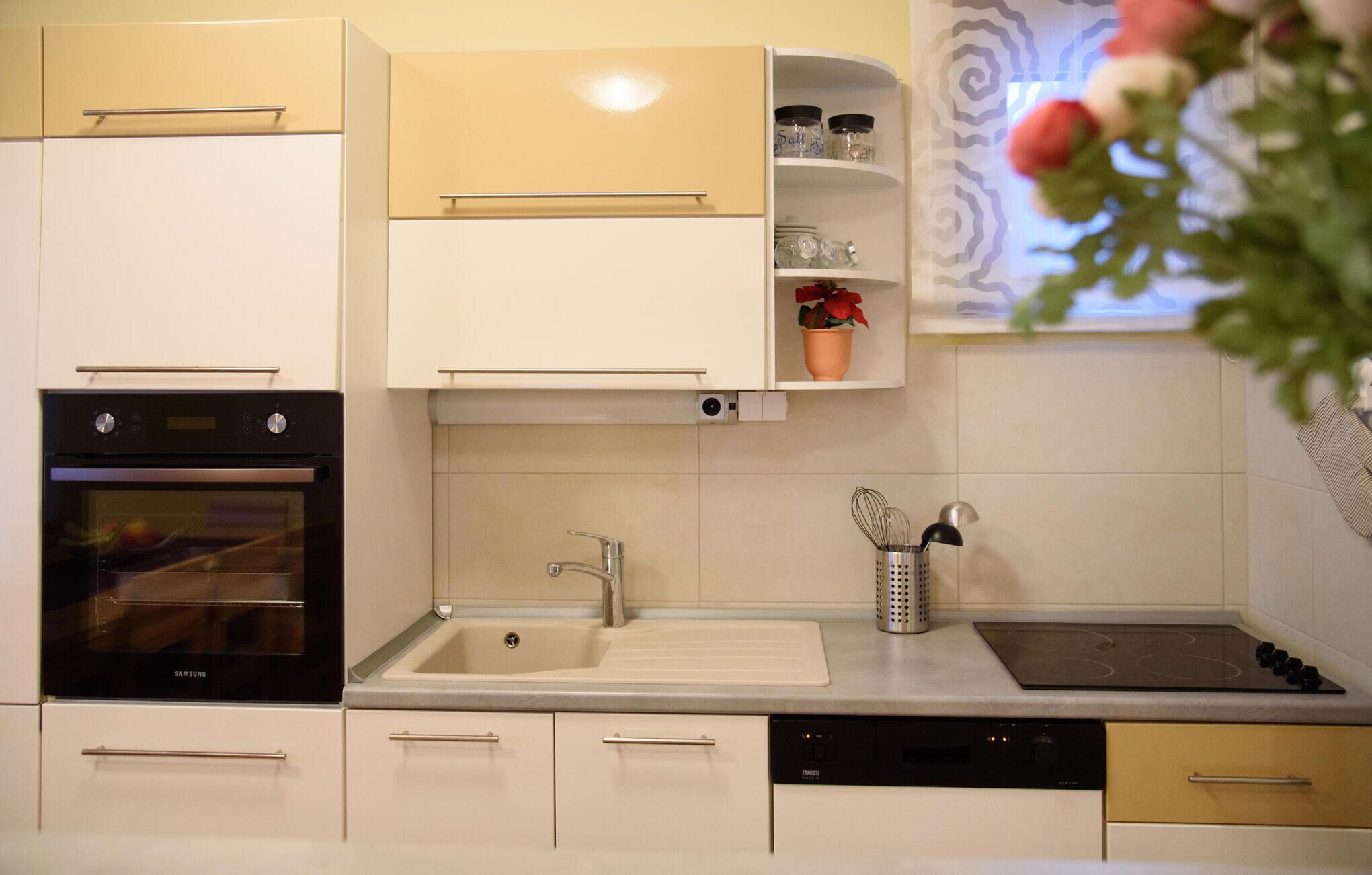A modern kitchen with a built-in oven, a sink, and a dishwasher.